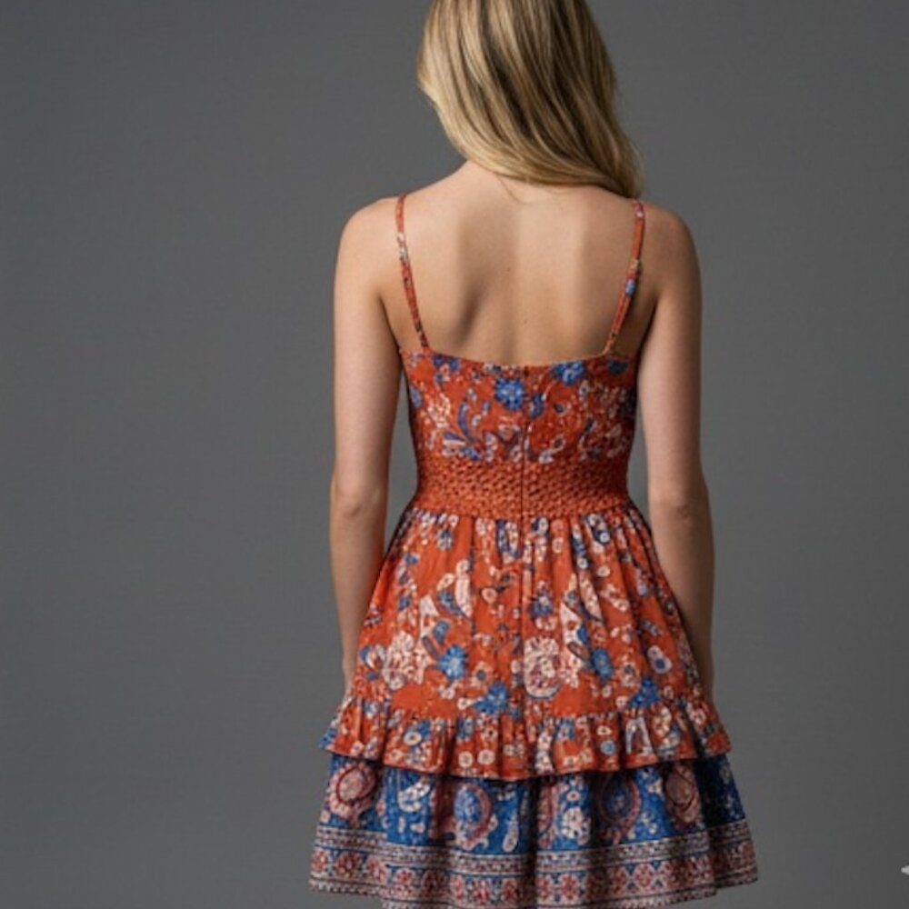 Red Boho Floral Insert Lace Mini Dress - Picture 3 of 8